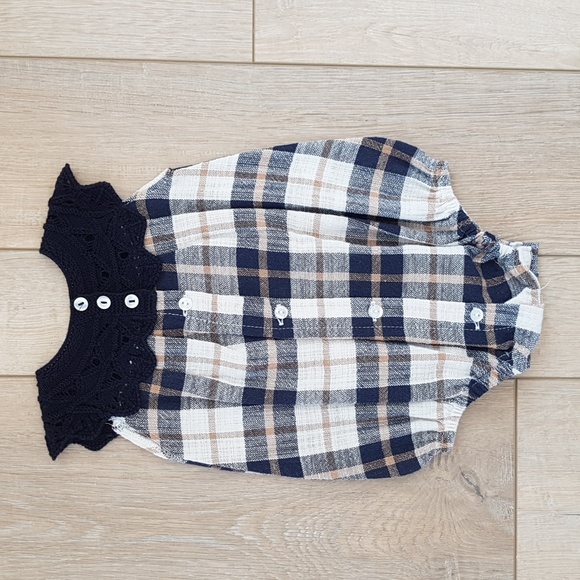 Juliana Baby Girl Plaid Navy & Tan Romper 3-6 months - Picture 4 of 5